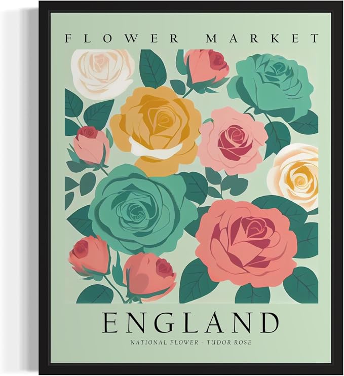 England, Tudor Rose Art Print Poster, Flower Market Wall Art, Floral Artwork Decor for Bedroom, Kitchen, Bathroom, Livingroom Decoration 52 (England, Tudor Rose, 36"L x 24"W, Unframed)