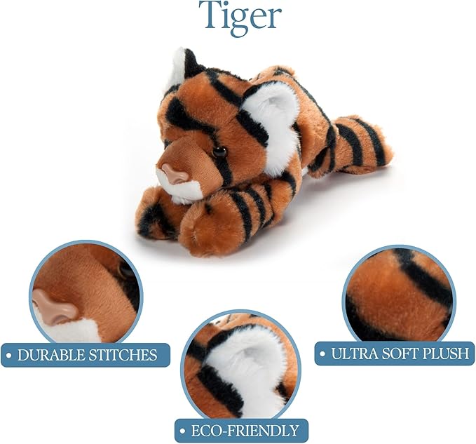 The Petting Zoo Tiger Stuffed Animal Plushie, Gifts for Kids, Scoopz Wildlife Animals, Orange Striped Tiger Plush Toy, 8 inches