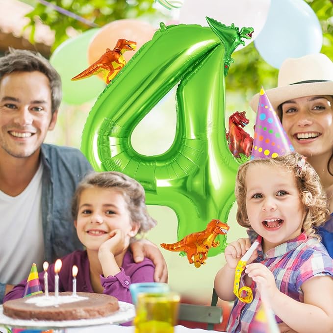 Dinosaur Green Number 4 Balloon, 40 Inch Big Large Foil Helium Green Number Balloon with 4 Pcs Mini Dinosuar, Dinosuar Mylar Balloons Set for 4 Year Old Birthday Party Decorations Supplies