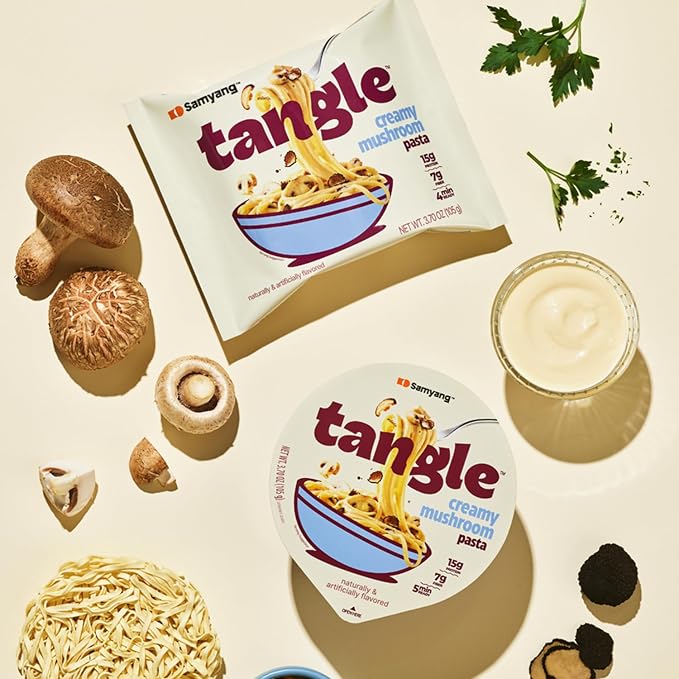 Tangle Creamy Mushroom Instant Pasta, 15g Protein Linguine, 7g Fiber 4-Pack | 15g protein, 7g fiber per serving; Chickpea-based air-dried noodle; Truffle and shiitake cream, non-spicy; Ready in 4 min