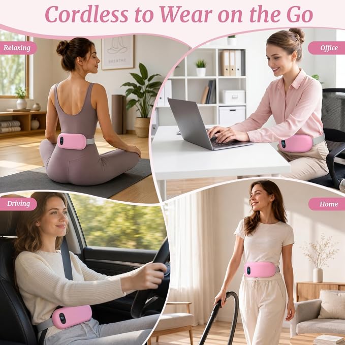 Portable Heating Pad for Cramps Upgraded Cordless Electric Period Heat Pad for Back Menstrual Belt 6 Heat 6 Massage Mode Gifts for Women Girl Her Girlfriend Pink