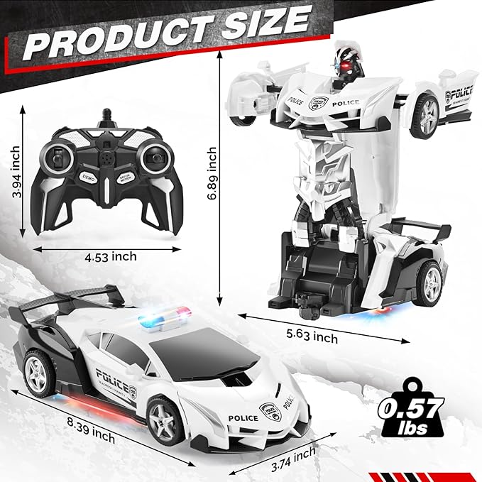 2.4G Remote Control Transformer Car, Rechargeable RC Police Car Toy with Flashing Lights, Convertible Robot & Vehicle, Gift for Kids,Police Transformer Cars for Boys 4-6 7 8-12 (Black/White)