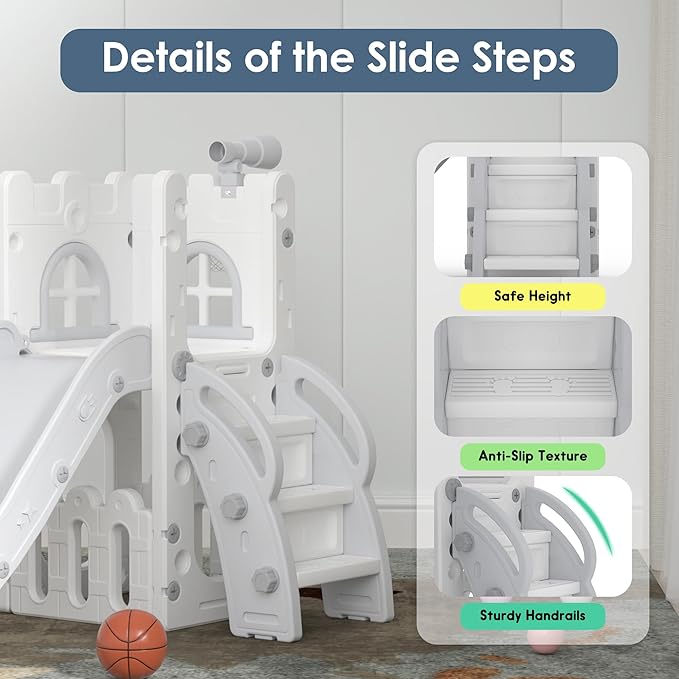 6 in 1 Toddler Slide Playset, Kids Indoor Outdoor Playground with Basketball Hoop,Storage and Telescope,Toddler Climber Slide Activity Center