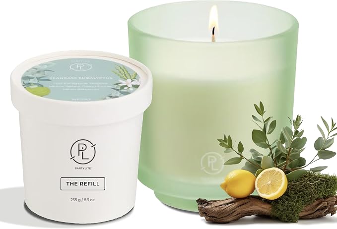 PartyLite Seagrass Eucalyptus Scented Jar Candle + (1) Refill - Notes of Eucalyptus, Lemon, Seagrass & Driftwood, 10oz 1-Wick Aromatherapy Candle