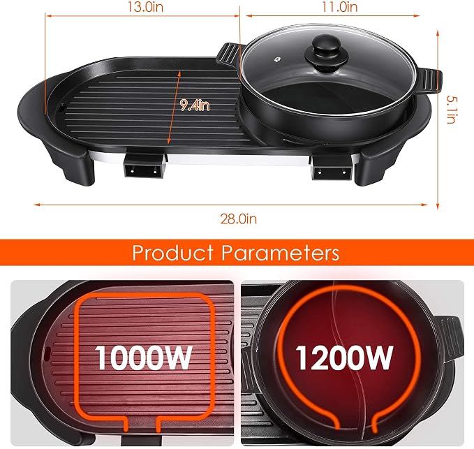 Electric Hot Pot with Grill Indoor Korean BBQ Grill Shabu-shabu Hotpot, Removable Hotpot Pot W/Large Capacity Baking Tray, Smokeless Non-Stick, 5-Gear Adjustable Temperature, 1-6 People 110V