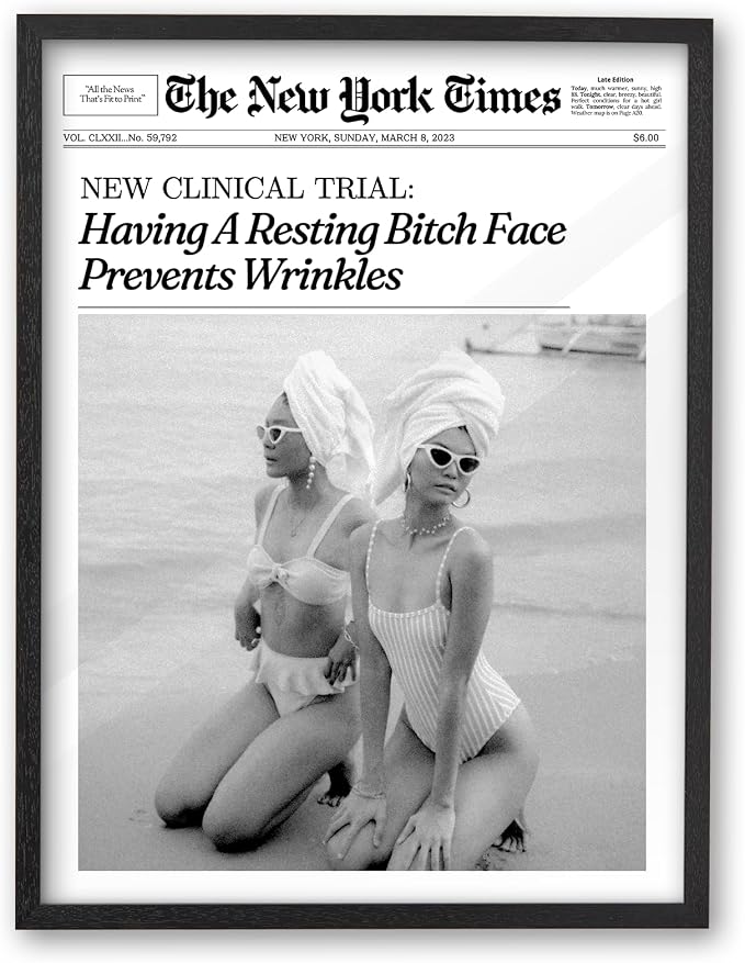 iHery 12x16in Funny Beach Girls Black Framed Newspaper Wall Art | Premium Black Natural OAK Wood Frame with Canvas Print, Retro Magazine Decor for Bathroom Bedroom Dorm, Living Room 1Pack