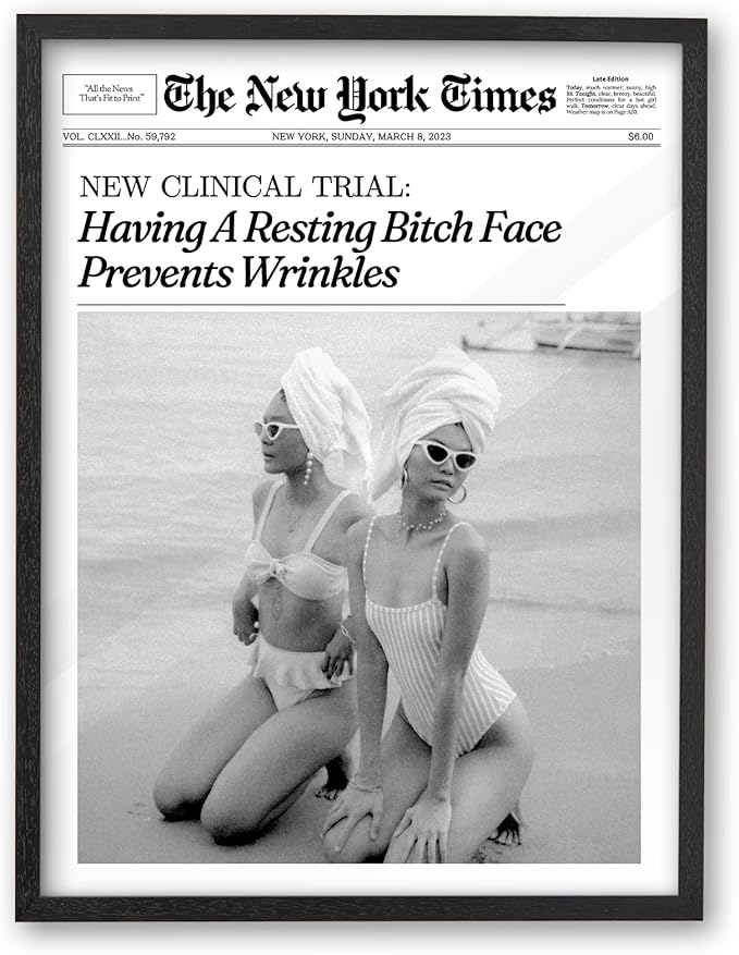 iHery 16x20in Funny Beach Girls Black Framed Newspaper Wall Art | Premium Black Natural OAK Wood Frame with Canvas Print, Retro Magazine Decor for Bathroom Bedroom Dorm, Living Room 1Pack