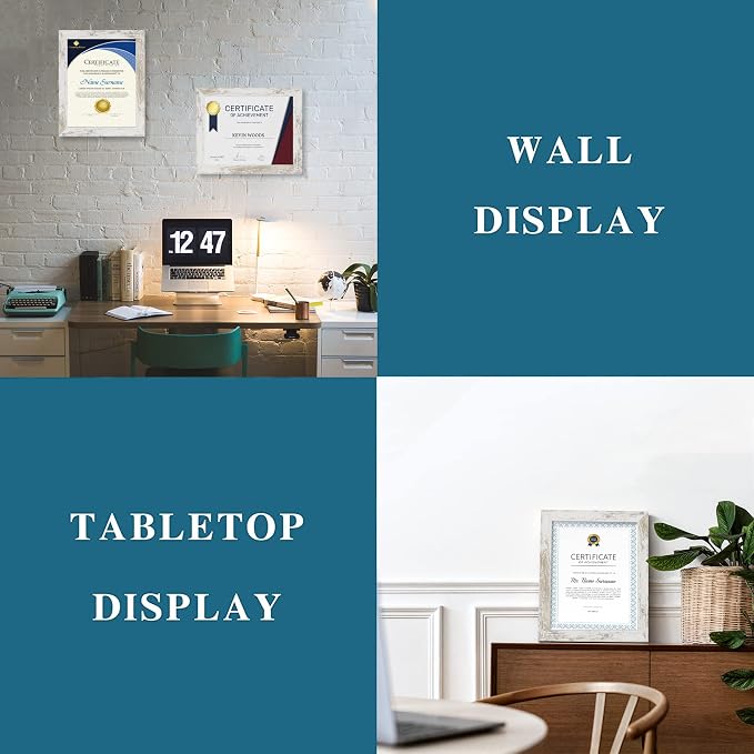 Hongkee 8.5 x 11 Picture Frame Set of 4, Made of Real Glass and Distressed White Certificate & Diploma Frame, 8.5 by 11 Photo for Wall or Tabletop - Display Picture 6x8 with Mat or 8.5x11 Without Mat