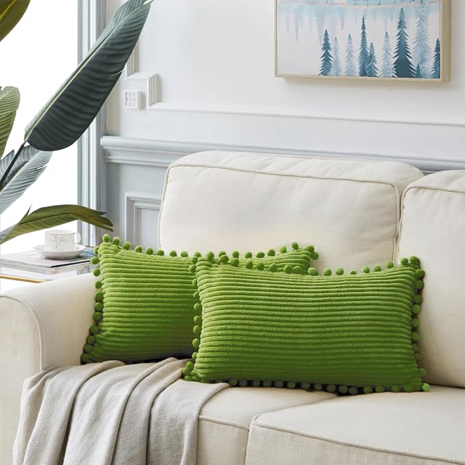 Fancy Homi Pack of 2 Lime Green Lumbar Decorative Throw Pillow Covers with Pom-poms, Soft Corduroy Solid Rectangle Cushion Cases Set for Couch Sofa Bedroom Car Living Room (12x20 Inch/30x50 cm)