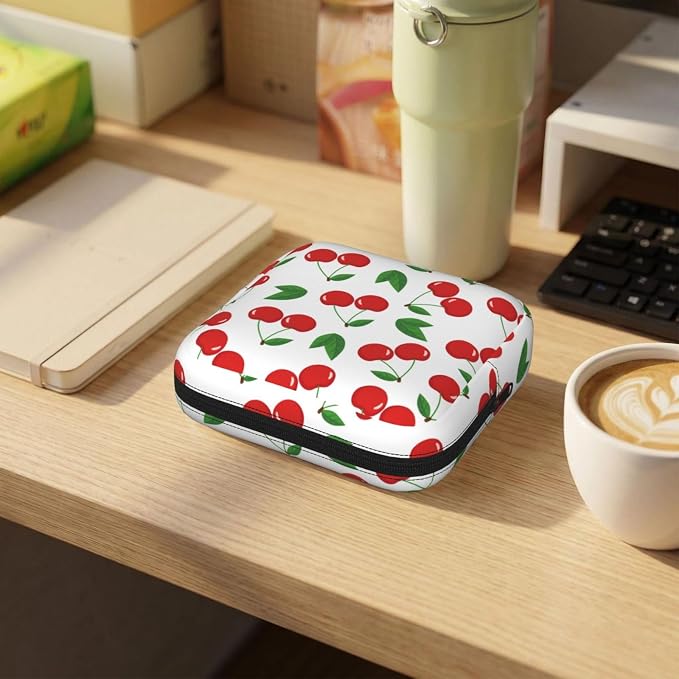 Cherry Red Cherries Leaves Leaf Fruit White Period Bag For Women,Portable Sanitary Napkin Period Pad Pouch For Purse, Small Make Up Bags