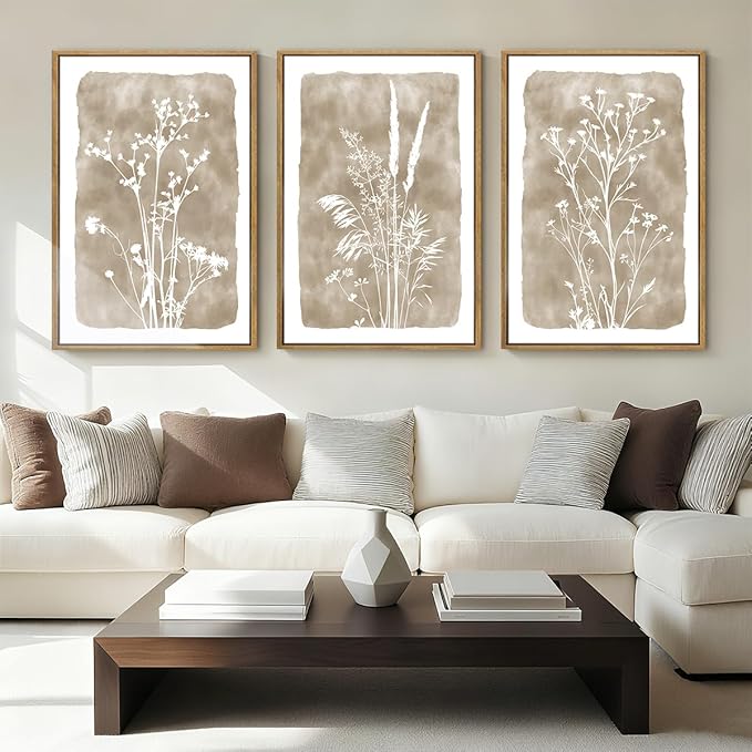 ANHUIB Beige Neutral Floral Canvas Wall Art 24x36 Inch Framed Brown Botanital Wall Decor Large Rustic Farmhouse Wildflower Artwork Boho Vintage Plant Art Prints Set of 3 for Living Room Bedroom Office