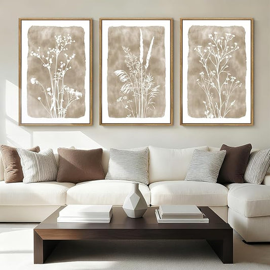 ANHUIB Beige Neutral Floral Canvas Wall Art 16x24 Inch Framed Brown Botanital Wall Decor Large Rustic Farmhouse Wildflower Artwork Boho Vintage Plant Art Prints Set of 3 for Living Room Bedroom Office