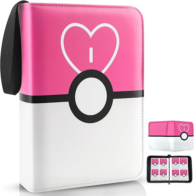 Card Binder 4 Pocket, Trading Card Holder Fits 400 Cards With 50 Removable Sleeves, Portable Collection Card Ablum, Game Card Case book With Zipper for Gift Pink