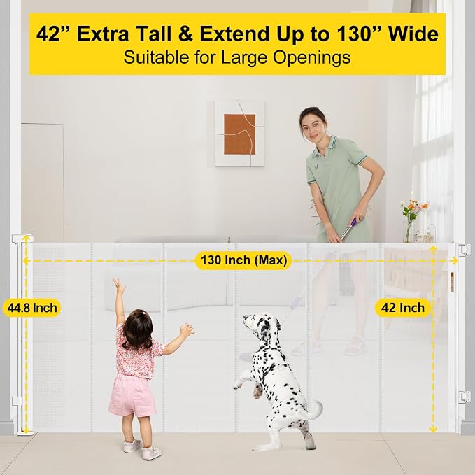 Reinforced 42” Tall x 130” Extra Wide Retractable Baby Gate for Large Openings Extra Tall Dog Gate with Rods to Prevent Crawling Through, Extra Long Mesh Pet Gate for Doorways, White