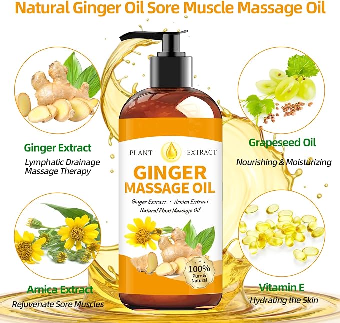 Ginger Oil Massage Oil for Massage Therapy,Ginger Oil Lymphatic Drainage,Sore Muscle Massage Oil,Natural Ginger Body Oil for Gua Sha Massage with Arnica Oil-Warming,Relaxing,Soothing Muscles