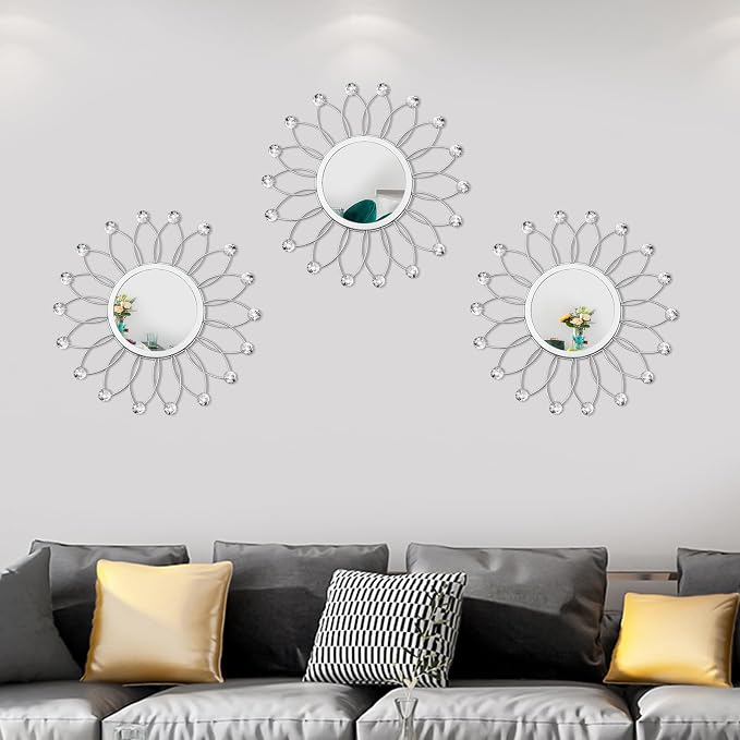 3 Pack Metal Mirrors for Wall Sunburst Wall Mirrors Home Décor Decorative Hanging Wall Art for Living Room Bedroom Entryway (Silver Crystal, Flowers)