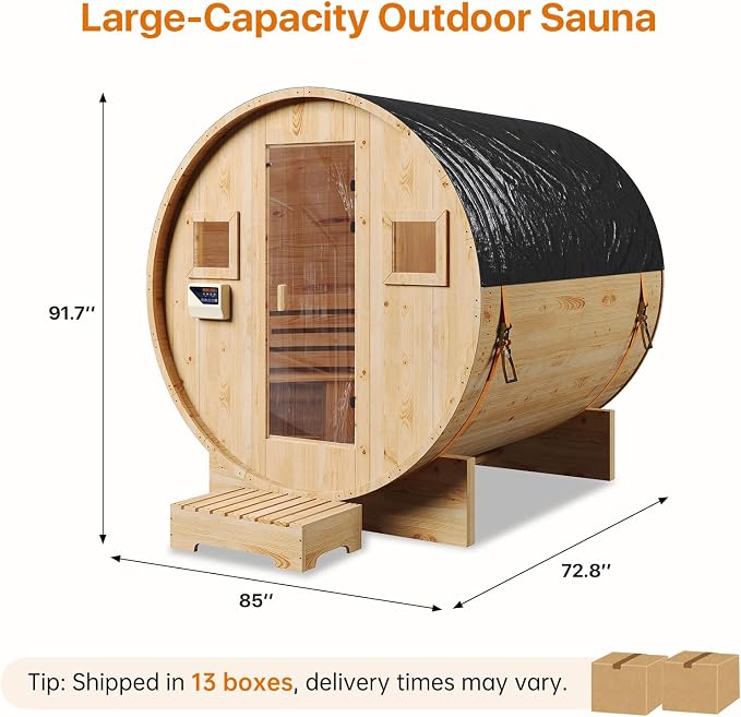 Outdoor Barrel Sauna, Traditional Wood Sauna for Backyard, Dry＆Wet Sauna for Outdoor, 220V/6KW Electric Heater with Sauna Stone, Sauna Accessories, Waterproof Tarpaulin