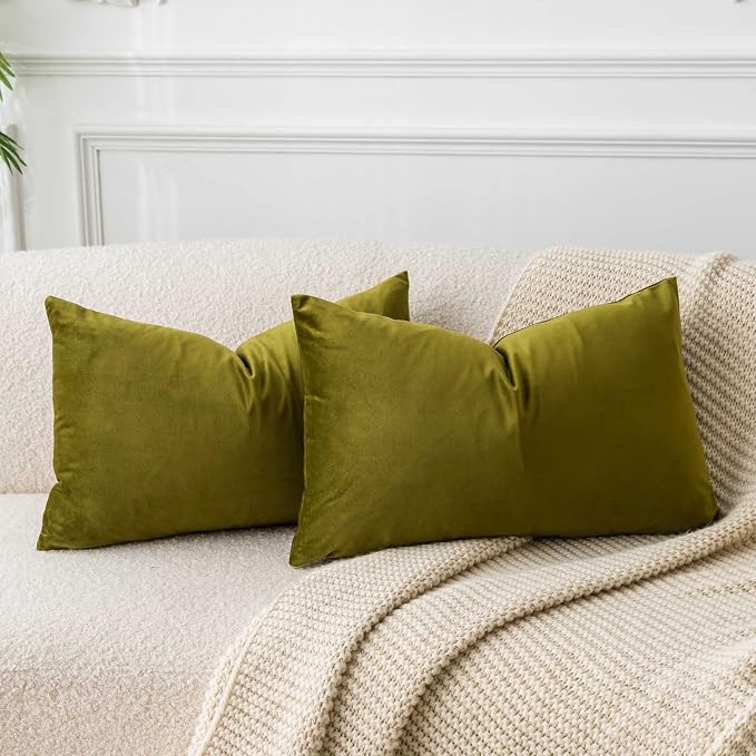 16x24 Velvet Throw Pillow Covers Set of 2 for Couch Bed Sofa,Olive Green | Decorative Soft Pillow Covers with Invisible Zipper for Couch Sofa Bed Living Room Bedroom Home Decor