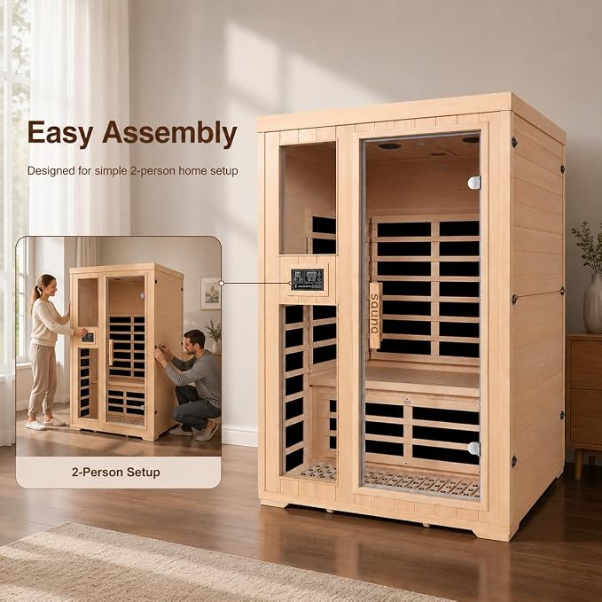 2-Person Infrared Sauna, Indoor Home Sauna Room Hemlock Wood Sauna Low EMF Far Infrared Heating with Tempered Glass Door Bluetooth Speakers, Chromotherapy Lights for Family（110V, 1850W）Truck delivery
