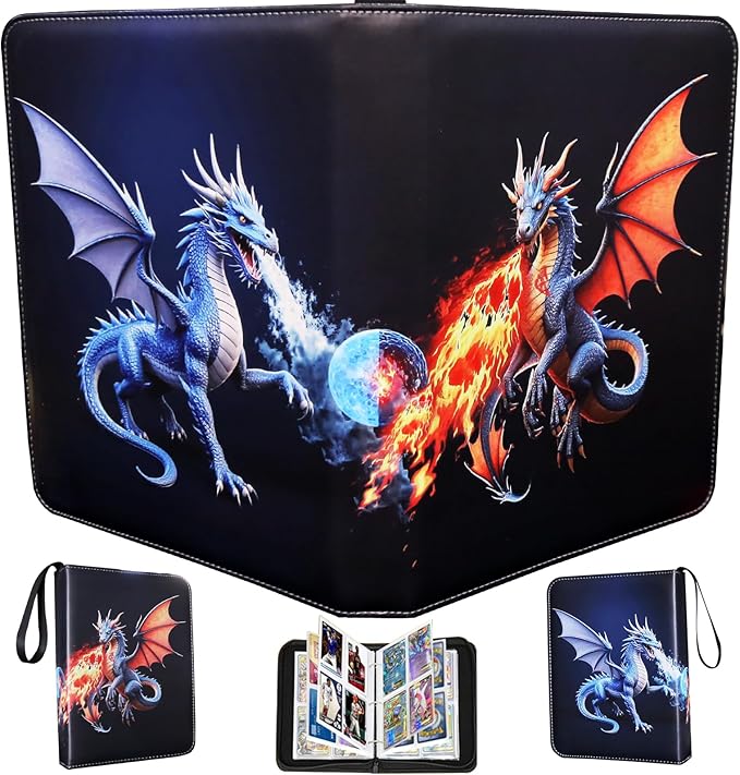 Deluxe Ice & Fire Dragon Trading Card Binder, 4-Pocket Zipper Album with 400 Card Loading Pockets, Perfect for Card Fans and Enthusiasts, Collectible Card Storage Albums, Cases & Sleeves