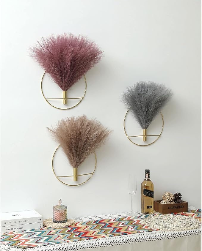 Pretty Jolly Boho Pampas Wall Decor Gold Metal Wall-Mounted Art | Morden Artificial Greenery Display，2 Pack Large Gray Hanging Planter For Living Room, Bedroom, Bathroom, Dining room