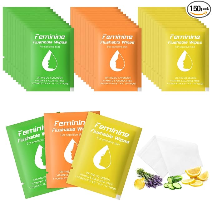 twoworld 150 Feminine Wipes Flushable Travel Individually Wrapped | Travel Wipes for Women,Feminine Care Wet Wipes Travel Size Vaginal Wipes for Adult,Girl and Homeless(Lemon,Cucumber,Lavender)