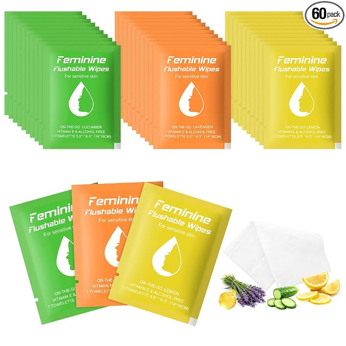 twoworld 60 Feminine Wipes Flushable Travel Individually Wrapped | Travel Wipes for Women,Feminine Care Wet Wipes Travel Size Vaginal Wipes for Adult,Girl and Homeless(Lemon,Cucumber,Lavender)