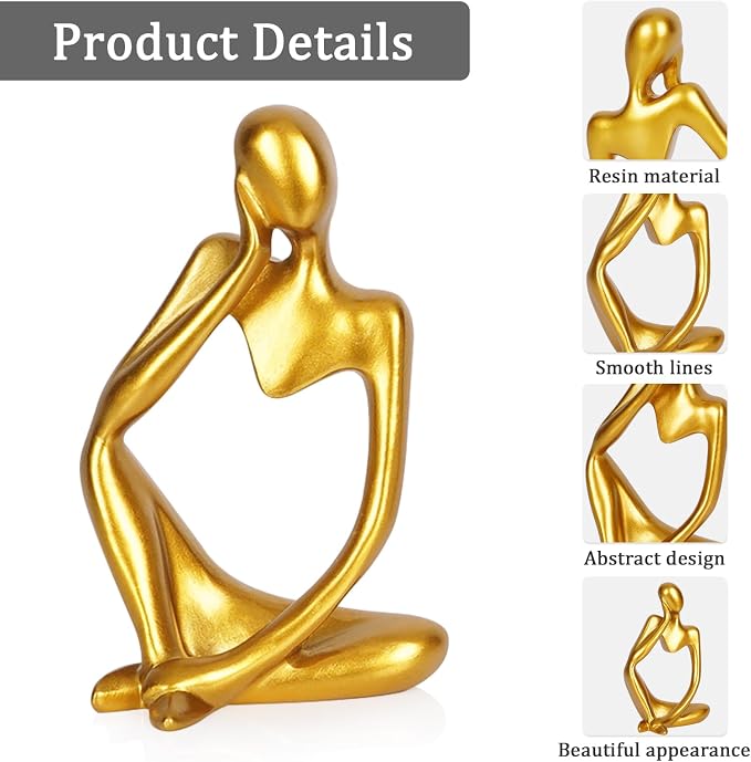 Sandstone Resin Thinker Statue Style Abstract Sculpture, Gold, Left | Small Statue Collectible Figurines, Modern Aesthetic Ornament for Home Office Bookshelf Desktop Coffee Table Decor