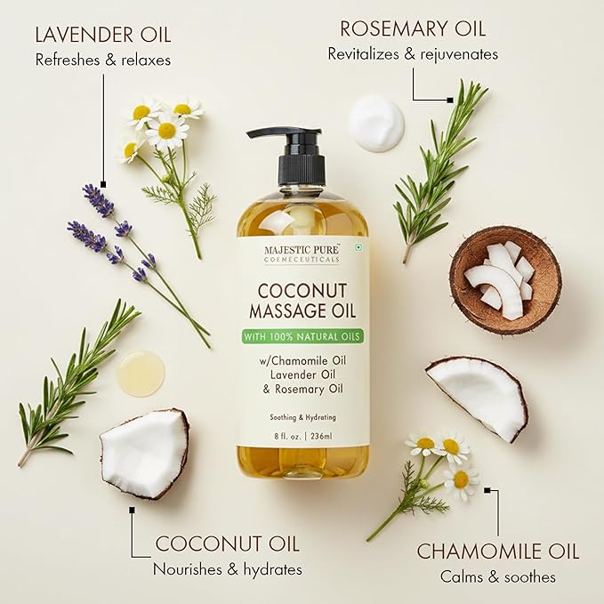 MAJESTIC PURE Coconut Massage Oil for Massage Therapy - Refreshing, and Relaxing - Natural Oils - for All Skin Types - Men and Women - 8 fl oz