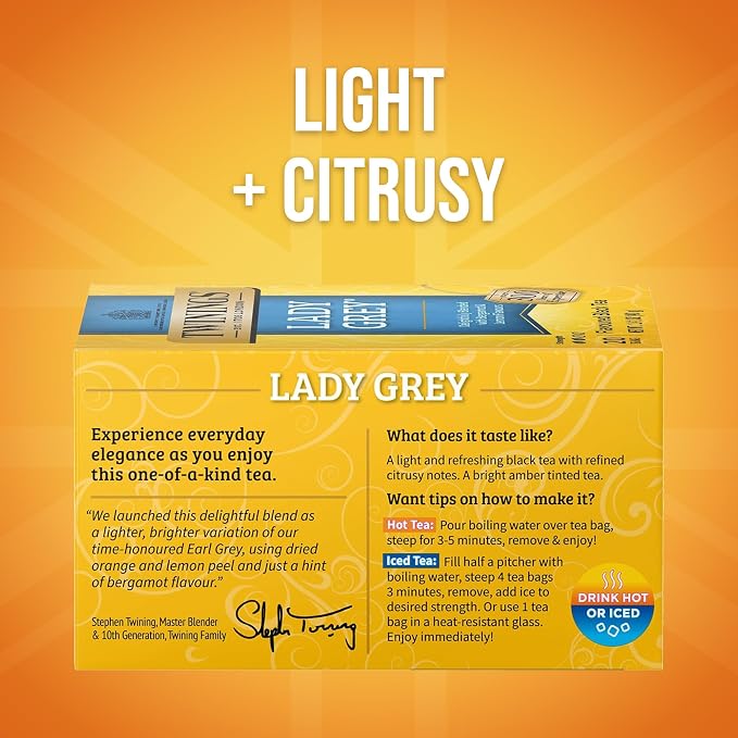 Twinings Lady Grey Black Tea Individually Wrapped Bags, 20 Count (Pack of 1), Orange Peel & Lemon Peel, Fresh and Uplifting, Caffeinated, Enjoy Hot or Iced, 20 Teabags
