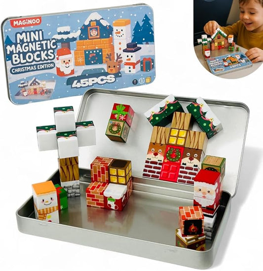 45PCS Mini Magnetic Blocks Travel Set – Christmas STEM Toddler Toys in Iron Box, Educational Building Cubes for Kids Ages 3–8, for Boys & Girls