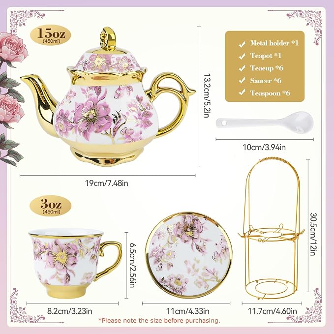 20 Pcs Porcelain Tea Set with Metal Holder, European Ceramic Tea Set for Adults, Adult Tea Set Gift, Flower Tea Cup Saucer Set for Party With Gold Flower Painting (Elegant Purple/500ml)