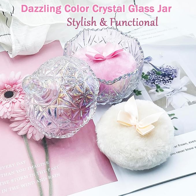 4" Glass Dusting Powder Container with 2 Fluffy Puffs,Cute 3.5" Soft Body Powder Puff and Jar Set(Crown-dazzling color)