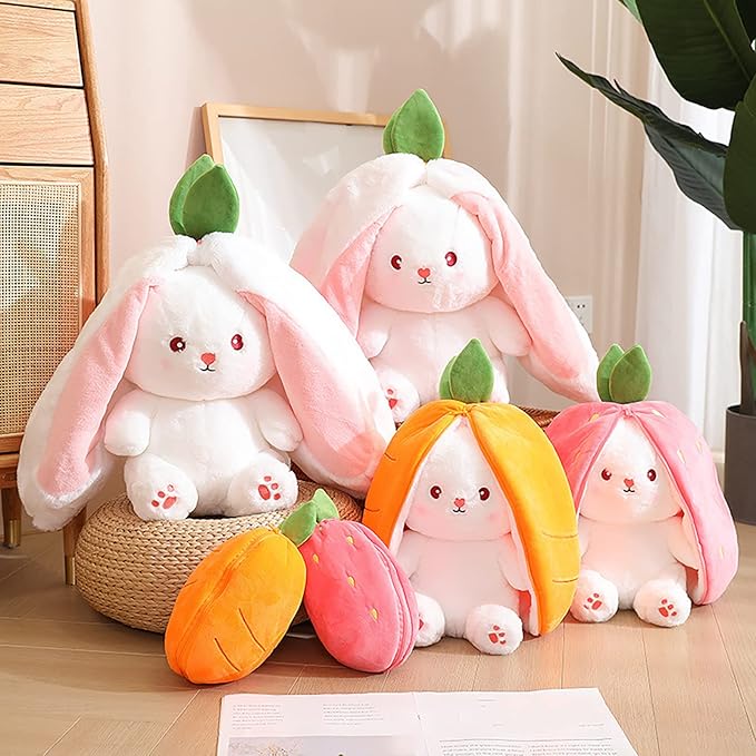 2PCS Plush Toy Pillow, Reversible Carrot Strawberry Bunny Plush with Zipper, Easter Bunny Stuffed Animal Cute Rabbit Plushie Birthday Gift for Boys Girls Kids (1pcs 7" Carrot)