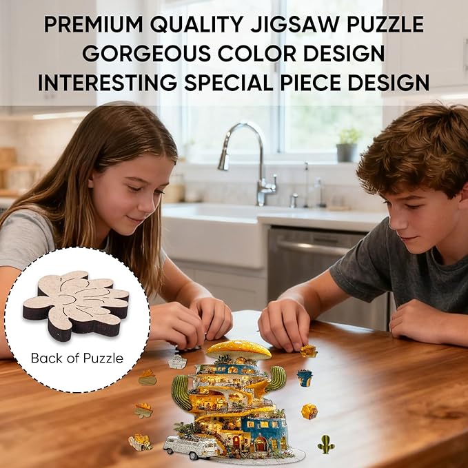 Ixfyloop Cactus Jigsaw Puzzles for Adults, Mushroom House Wooden Puzzles, Plant Wood Puzzle Unique Shape 200 Pieces, Best Gifts for Teens, Family Game 9.1x12.8 inch