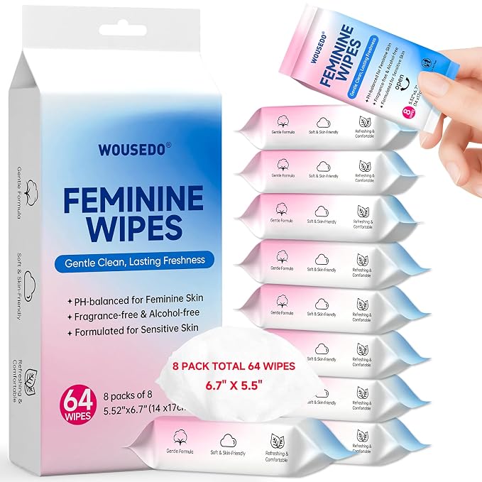 Feminine Wipes for Women, Impossibly Compact Travel Mini Packs, pH Balanced Unscented Hypoallergenic Alcohol-Free, Period Friendly Private Care for Teens & Women - 8 Pack Total 64 Wipes