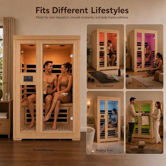 2-Person Infrared Sauna, Indoor Home Sauna Room Hemlock Wood Sauna Low EMF Far Infrared Heating with Tempered Glass Door Bluetooth Speakers, Chromotherapy Lights for Family（110V, 1850W）Truck delivery