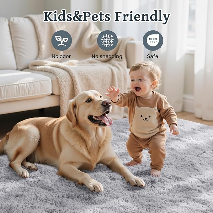 8x10 ft Light Grey Rug for Living Room Fluffy Bedroom Rug Non-Slip Area Rugs Shag Carpet for Nursery Kids Play Room Dorm Office Indoor Modern Plush Carpets Boys