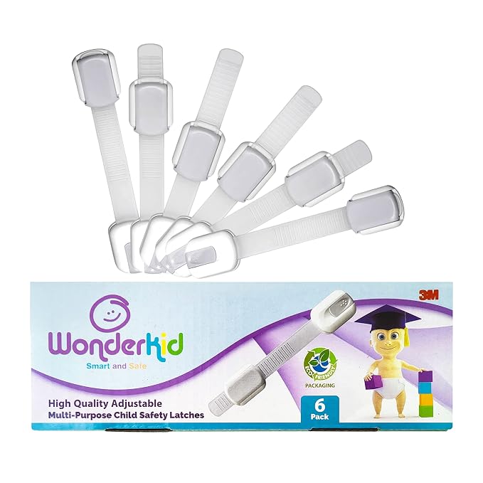 Adjustable & Reusable Child Safety Cabinet Locks & Latches, Baby Proofing Door Window, Cabinet, Toilet, & Refrigerator Lock, Child Safety Strap Locks with Adhesive Pads, Pack of 6, Silver - Wonderkid