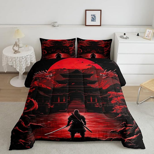 Feelyou Dragon Comforter Set Full Size Japanese Style Comforter for Boys Girls Teens Samurai Bedding Set Sunset Duvet Set Room Decor Scarlet Red Quilt Set