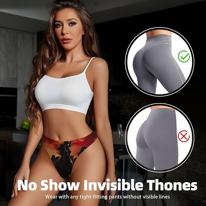 Womens Black Horses Print Seamless G-String Thongs No Show Thong Panty Liners Workout Underwear