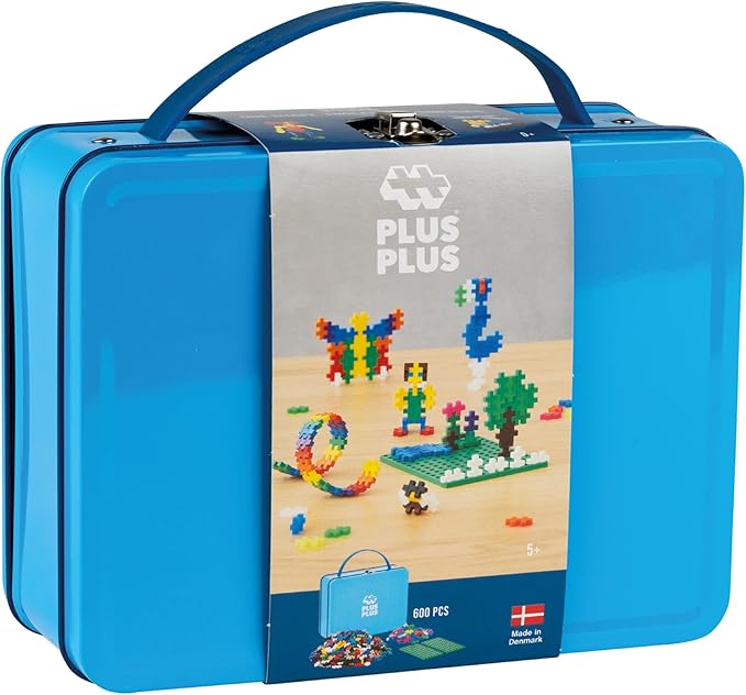 PLUS PLUS Building Set with Metal Suitcase, 3D Open Ended Stem Toy for Kids, 600 Mini Interlocking Pieces, 2 Green Baseplates