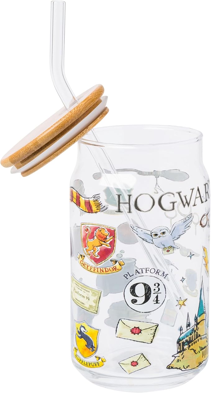 Silver Buffalo Harry Potter Hogwarts Platform 9 3/4 Gryffindor Hedwig Glass Jar Tumbler with Bamboo Lid and Glass Straw, 16 Ounces