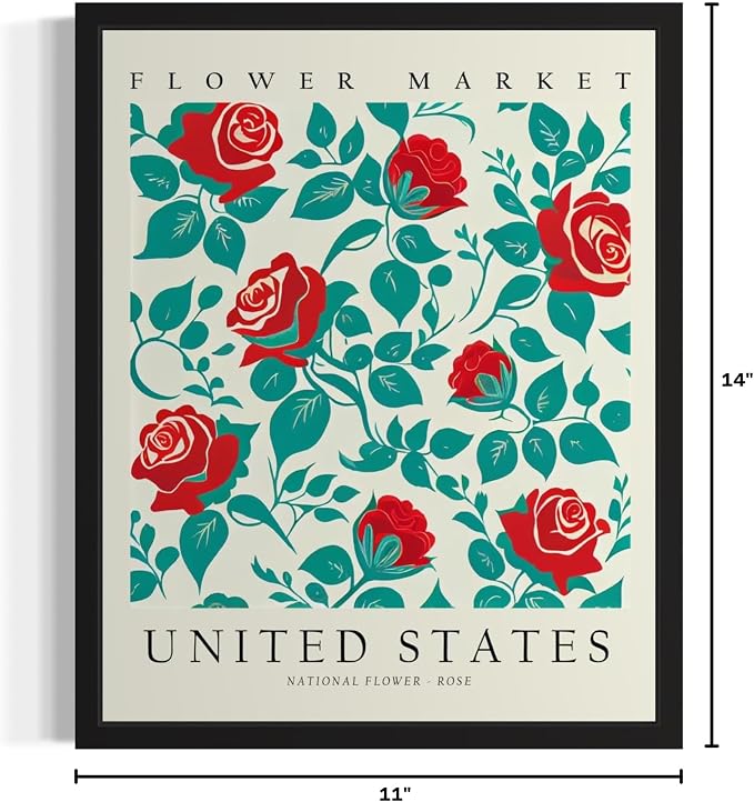 United States, Rose Art Print Poster, Flower Market Wall Art, Floral Artwork Decor for Bedroom, Kitchen, Bathroom, Livingroom Decoration 52 (United States, Rose, 14"L x 11"W, Unframed)