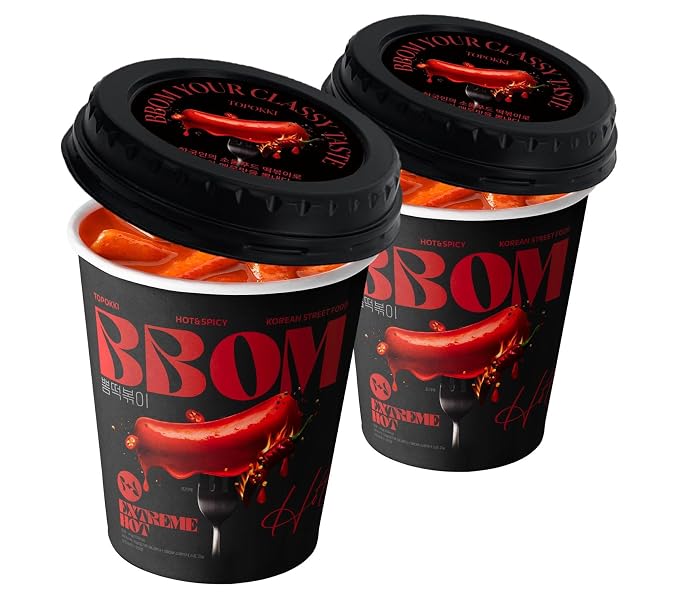 BBOM Cup Tteokbokki, Korean Rice Cake, Ready-to-Eat Microwave Meal, Chewy & Soft Texture, Easy K-Food Snack – Spicy/SpicyRose/Extreme Hot_2 ea (Extreme Hot)