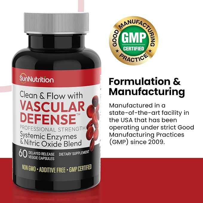 Vascular Defense Nitric Oxide Support | Systemic Enzyme Blend with Nattokinase, Lumbrokinase, Serrapeptase & Bromelain | Beet Root Extract | Spike Detox | Cardiovascular Supplement | 60 Capsules