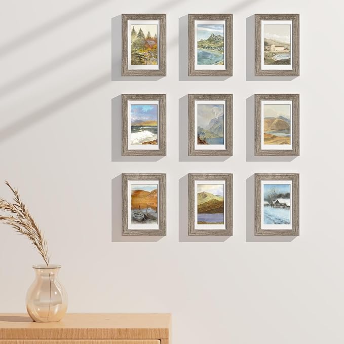 Vittanly 4x6 Picture Frames Set of 9, Wall & Tabletop, Grayish Brown | Display Pictures 3.5x5 with Mat or 4x6 without Mat, Small Photo Frames, Engineered Wood with Shatter Resistant Plexiglass