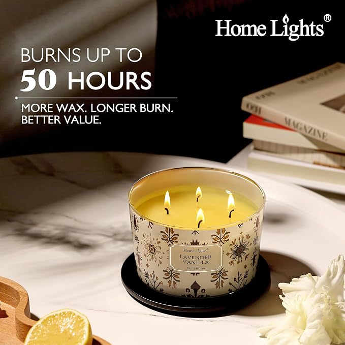 HomeLights Large jar Candle | 4-Wick Long-Lasting Scented Candles, 18oz Natural Soy Wax Candle for Home Scented, Bohemian Natural Textures Gifts for Women & Men, Lavender Vanilla