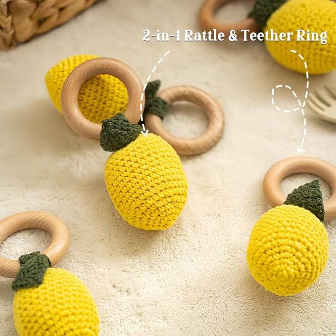 Wooden Baby Rattle Toys Stuffed Crochet Rattle with Teether Ring for Newborn Babies Fruit Wooden Teether Toy Infant Toddler Handcrafted Crochet Rattles Cute Shower Gifts for Boy and Girls