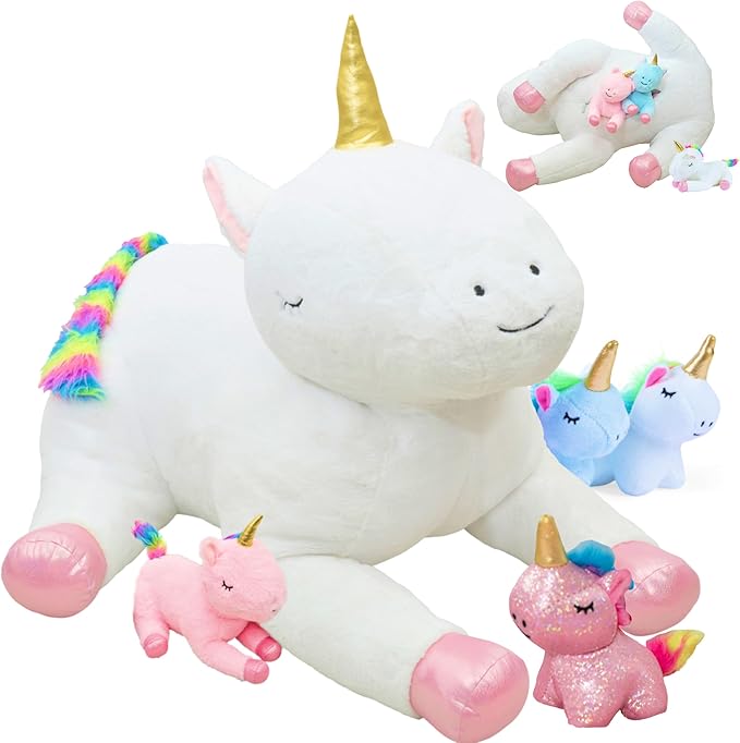 PixieCrush Giant Unicorn Stuffed Animals for Girls Ages 3 4 5 6 7 8 Years; Snugababies Family of Stuffed Mommy with 4 Baby Unicorns in her Tummy; Soft Unicorn Pillows for Girls